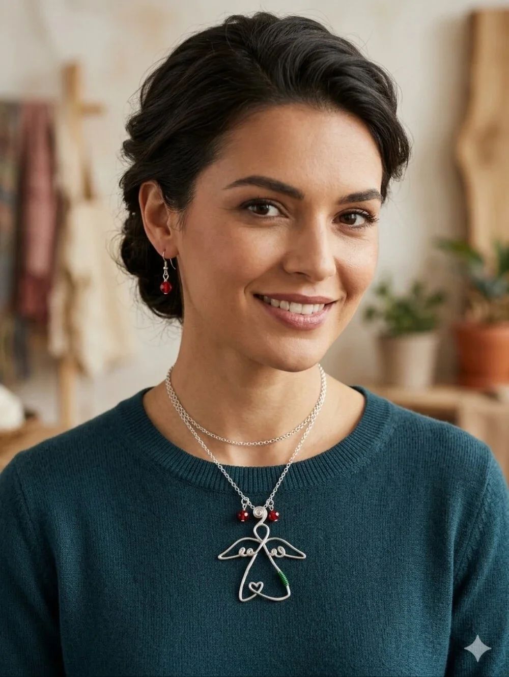 Minimalist Wire Art Angel Heart Jewelry Set with Matching Drop Earrings